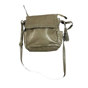 Great American leather works olive green whipstitch crossbody bag with a tassel